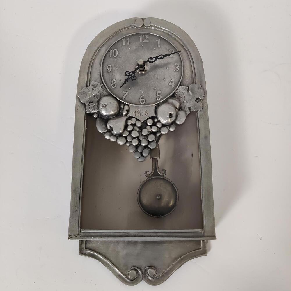 Vintage Pewter Style Wall Clock with Fruit & Grape Design 1836 Motif Antique